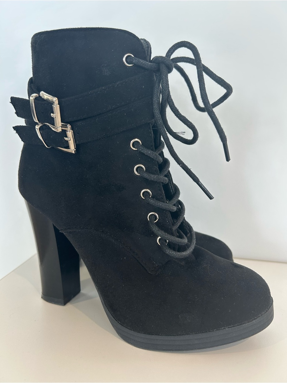 Black Faux Suede Combat Boots Lace Up Buckle Block Heel Gothic 7